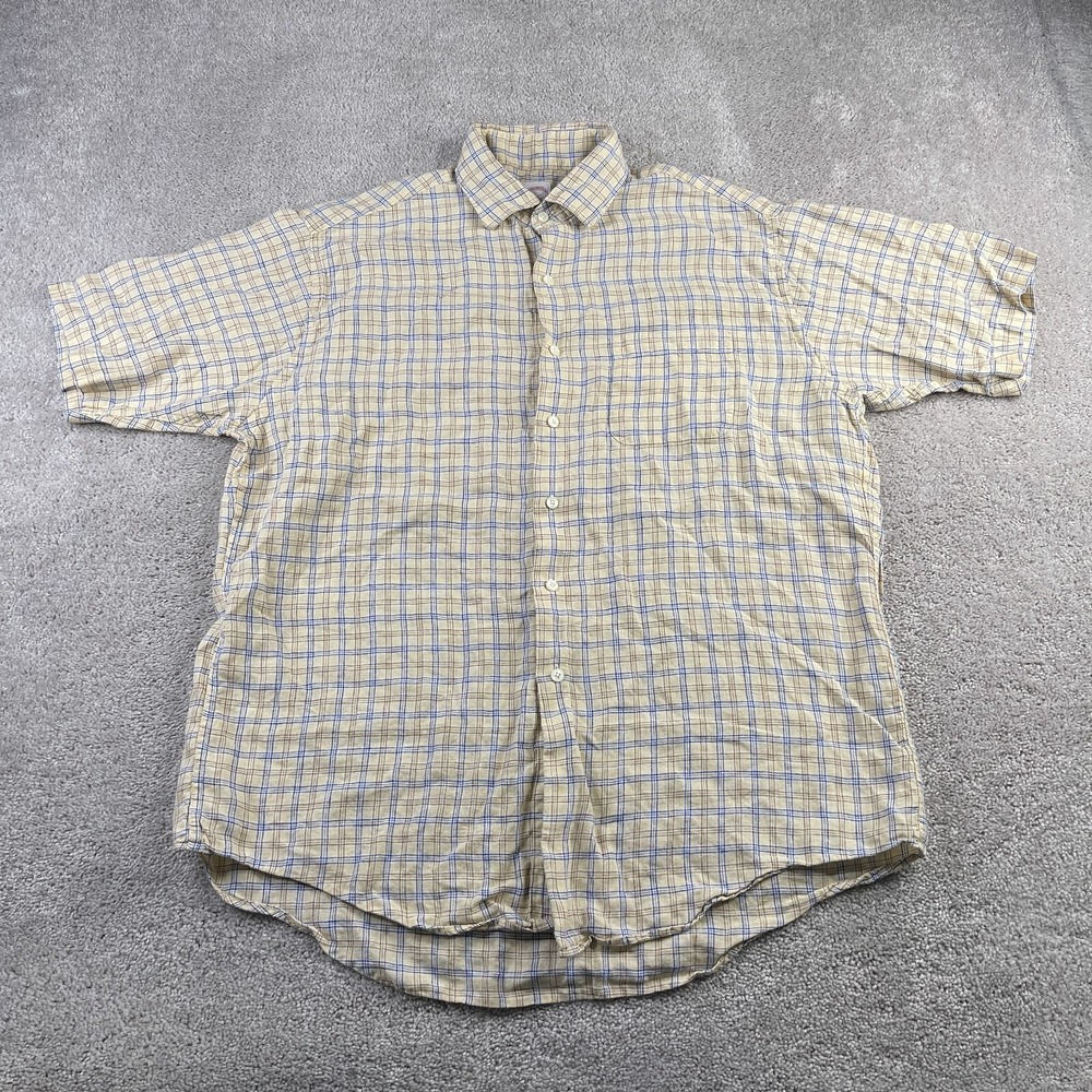 Brooks Brothers Shirt Mens Large Yellow‎ Blue Checkered Linen 346 Button Up